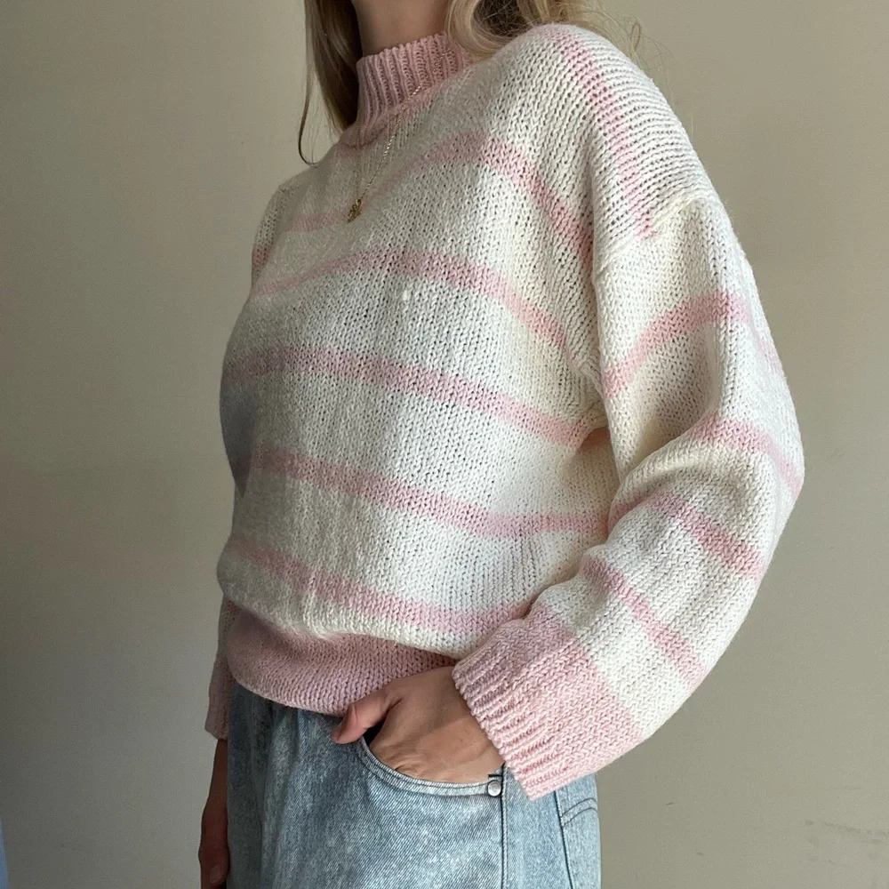 Vintage 80s 90s Pastel Pink White Striped Sweater - Picture 3 of 5